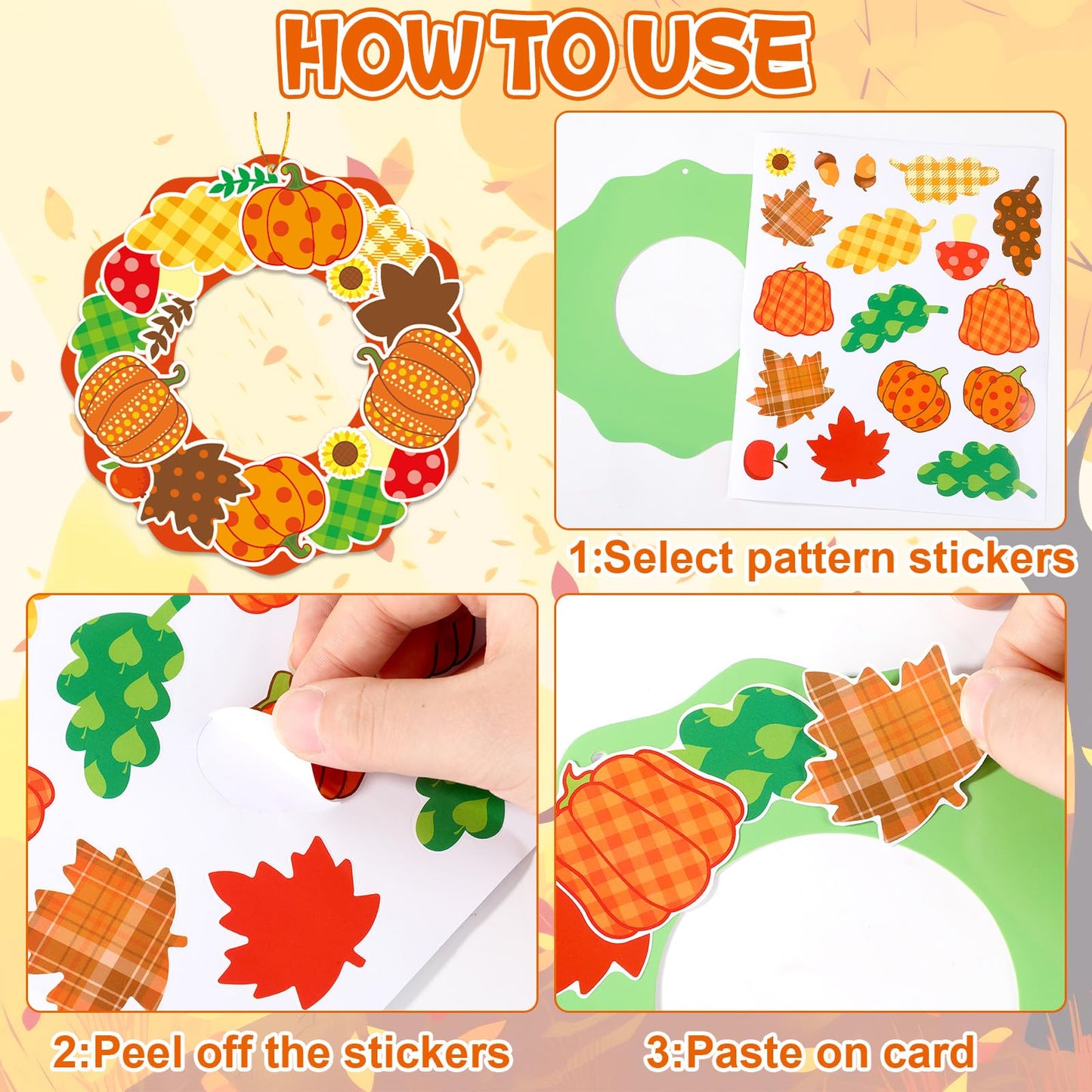36 Sets Fall Maple Leaves Pumpkin Wreath Craft Kits Autumn Checkered Polka Dot DIY Wreath Hanging Ornaments Thanksgiving Paper A