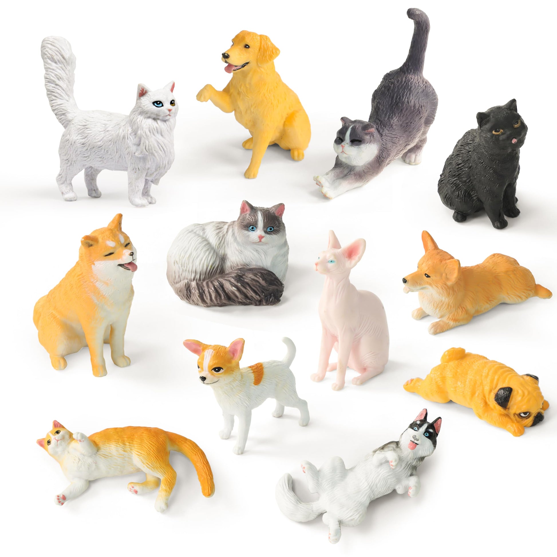 Recur Cats And Dogs Animal Figurines Desk Pets Miniature Figure Cake Topper, 100% Hand-Painted, Mini Pets Figure For Kids - 12 Pcs