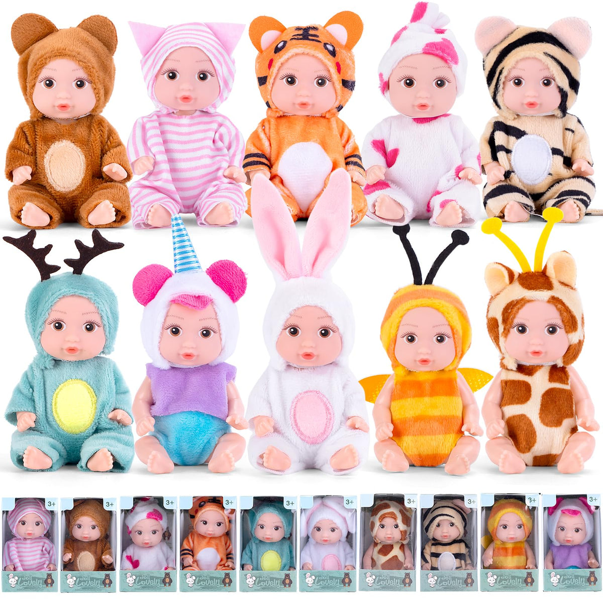 Vueos 10PCS 4inch Mini Reborn Baby Dolls Set with 10 Handmade Outfits