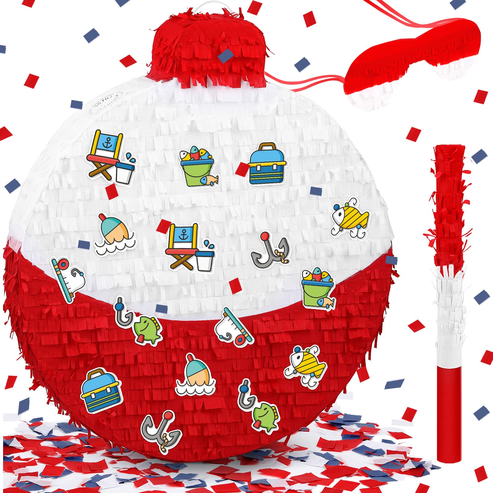 Large Fishing Bobber Piata 19.7 Inch Fishing Birthday Party Decorations Gone Party Supplies with a Blindfold and Bat Confetti St