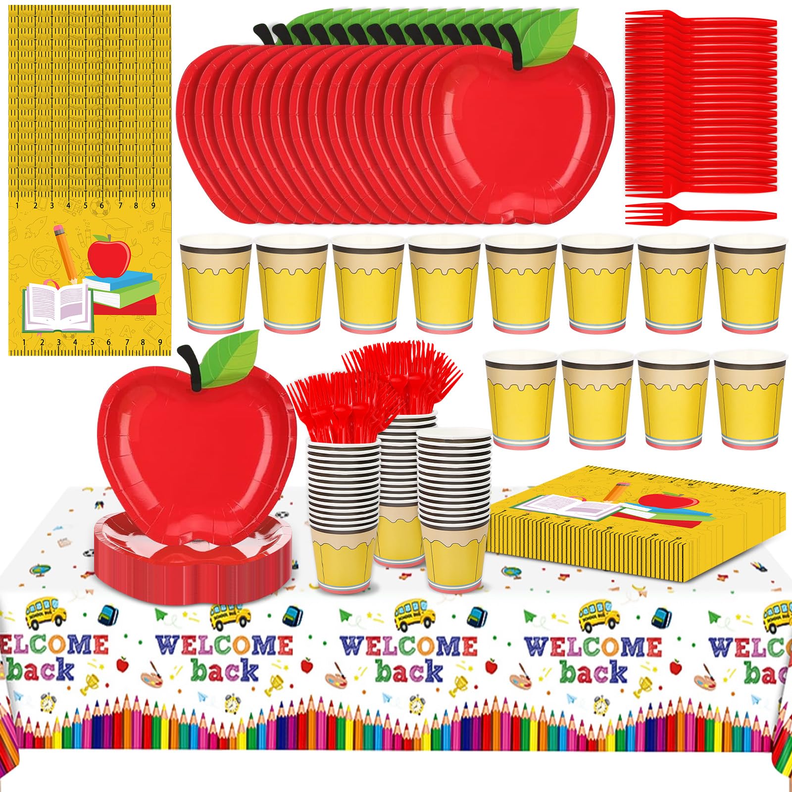 97 Pcs Back to School Decoration Red Apple Paper Plates Set First Day of School Party Supplies Yellow Paper Cups Book Napkins Di