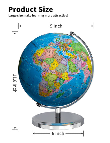 Waldauge 9'' Illuminated World Globe With Stand, Earth Globes With Stable Heavy Metal Base For Kids Classroom Learning, Led Cons