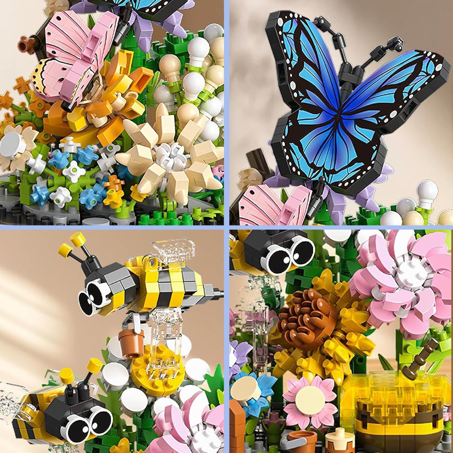 2 Flowers Bouquet Building Set Insect Collection Not Compatible With Lego, Mini Animals Bee & Sunflowers, Butterfly & Rose Botan
