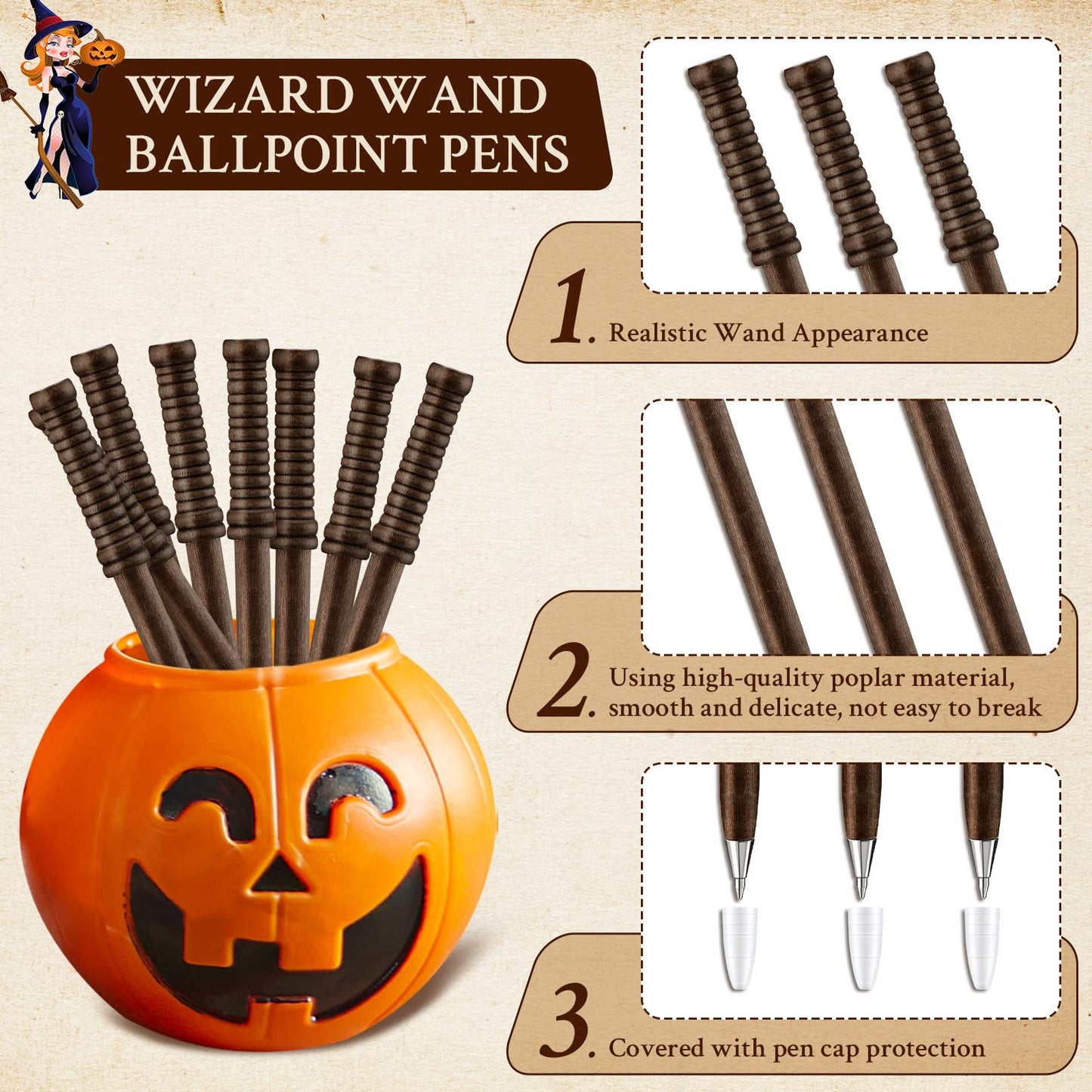 Fumete 30 Pieces Halloween Witch Broom Ballpoint Pen Bulk Halloween Party Favors Witch Wand Broomstick Ballpoint Pen with Pen Ca