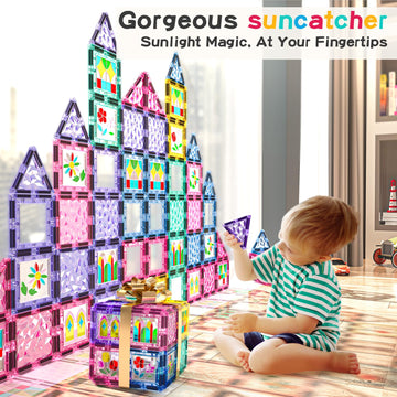 Magnetic Tiles Diy Window Arts And Craft Kit Kids Games Montessori Toys Toddler Kids, Magnet Building Blocks Set For Preschool Learning Classroom Stem Sensory Toys Gift For 3+ Year Old Boys And Girls