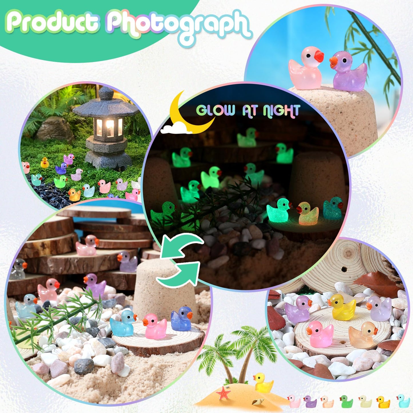 DWWPOO 225 Pcs Luminous Mini Resin Ducks - Multicolor Tiny Glow in The Dark Ornaments for Garden, Dollhouse, Aquarium, DIY Crafts