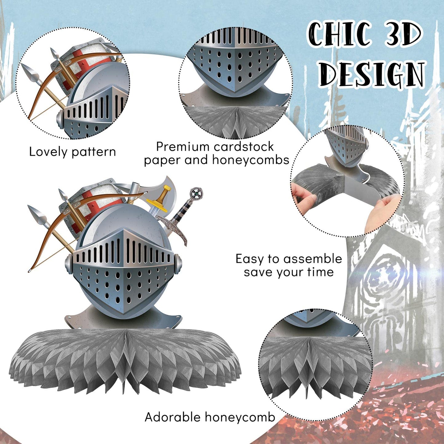 Gersoniel 10 Pcs Medieval Knight Birthday Party Decorations Castle Honeycomb Centerpiece Knight Action Figures Table Topper for