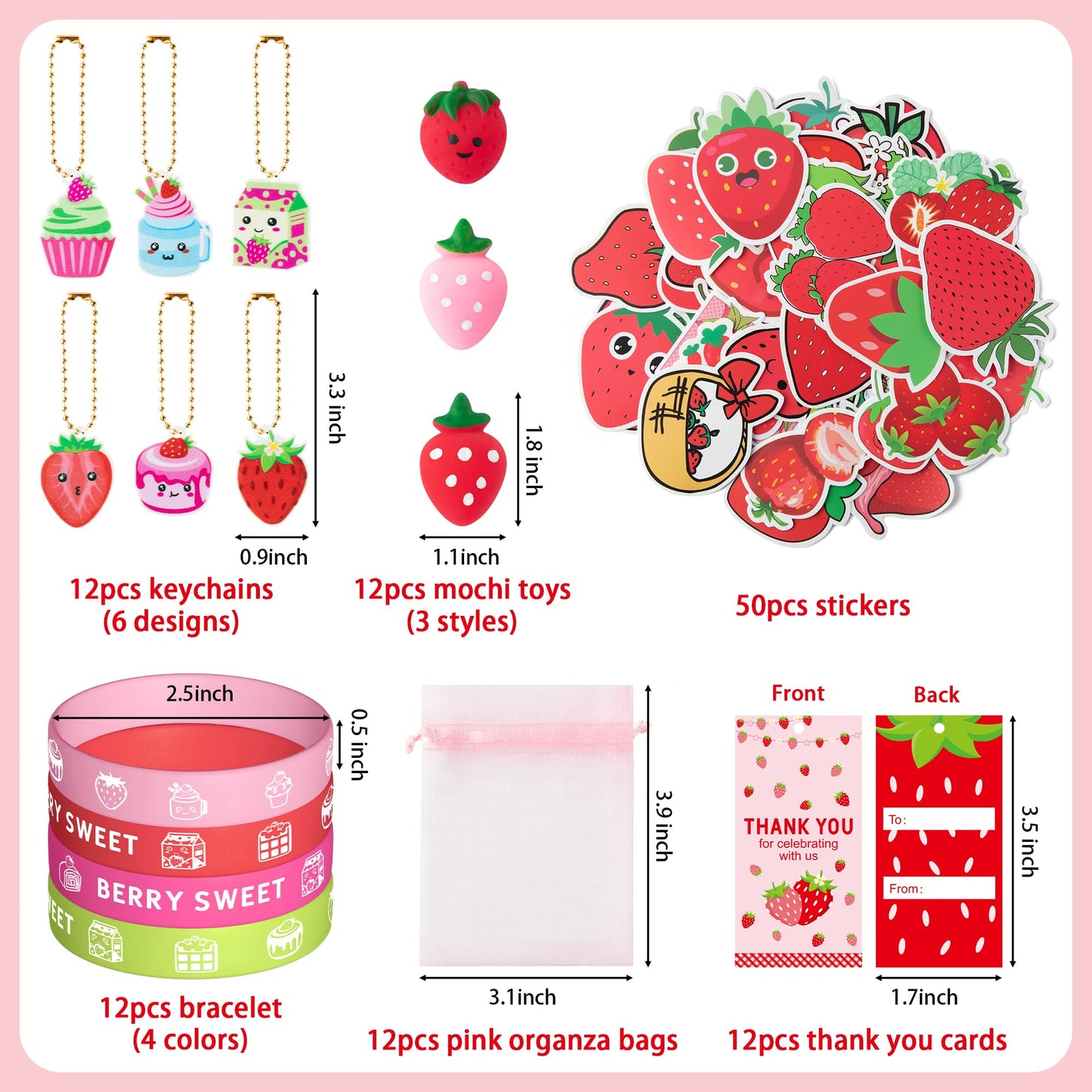 Haooryx 110PCS Strawberry Theme Party Favors Fruit Mochi Toys Berry Sweet Rubber Bracelet Acrylic Strawberry Scrapbook Stickers