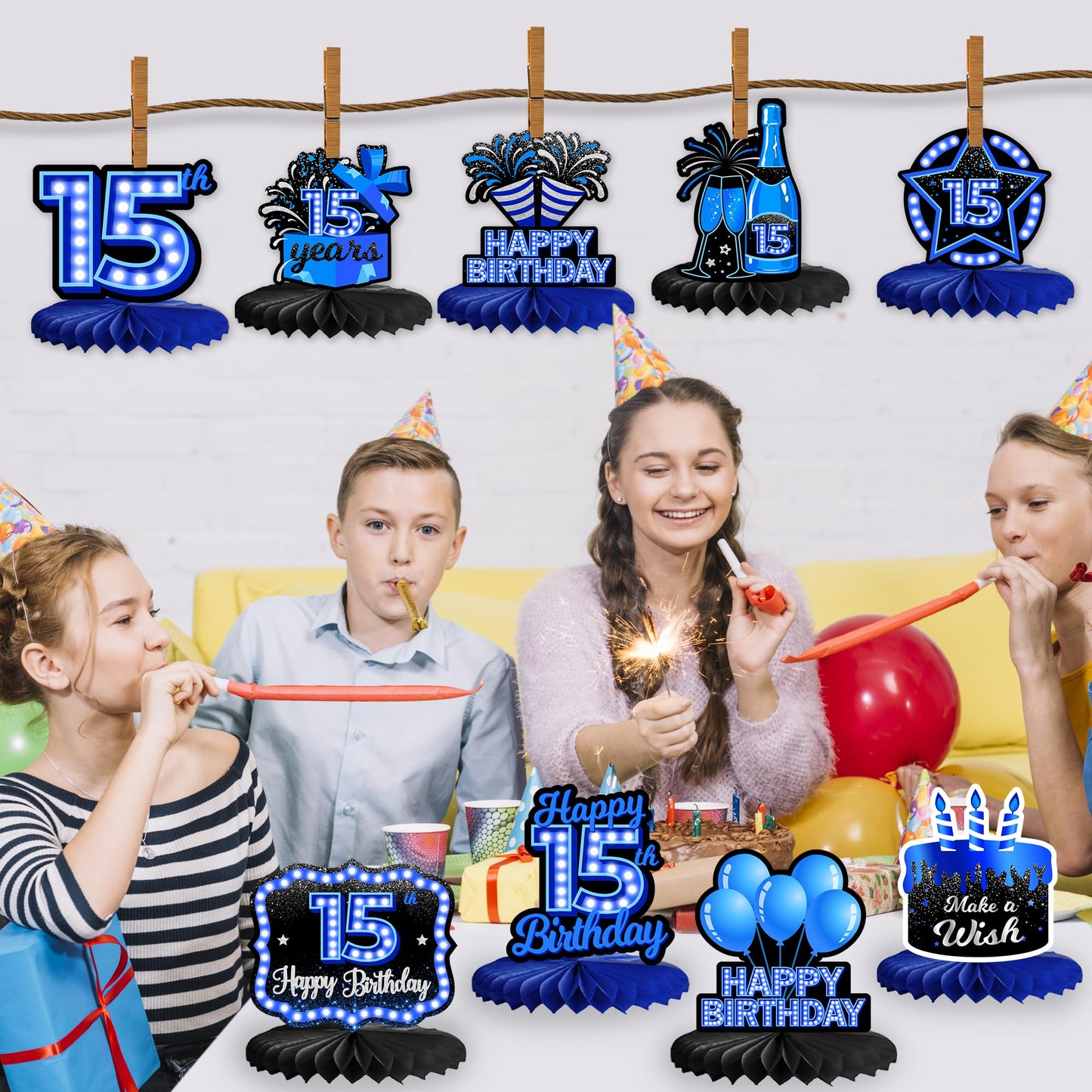 Happy 15th Birthday Honeycomb Centerpieces 9Pcs Stylish Sophisticated Blue Neon Theme Table Decor for Boys Girls Birthday Party