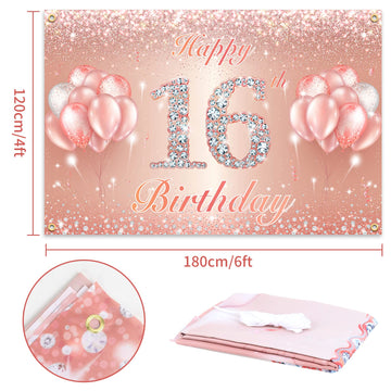 Happy 16Th Birthday Banner Backdrop - 16 Birthday Party Decorations Supplies For Girls Or Boys - Rose Gold 4 X 6Ft