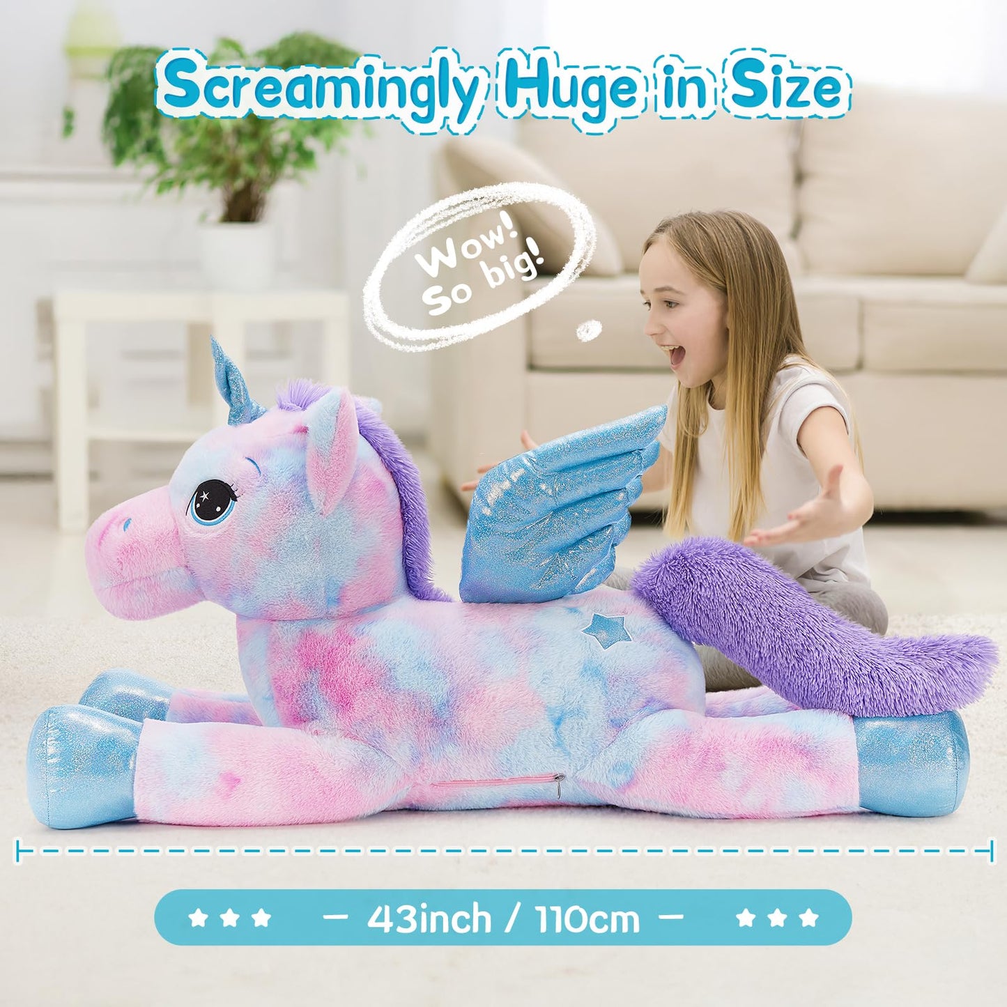 Tezituor 43 Inch Rainbow Purple Unicorn Stuffed Animal with Wings  Giant Stuffed Unicorn Plush Toys for Girls Kids Boys Women Soft Plushie Gifts for Valentines Day Christmas  Birthday Party