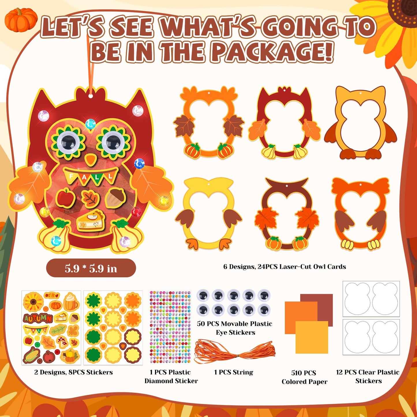 24 Sets Fall Crafts Kit DIY Tissue Paper Crafts DIY Owl Sun Catcher Craft Ornaments Hanging Decorations Art Owl Pumpkin Leaf Sun
