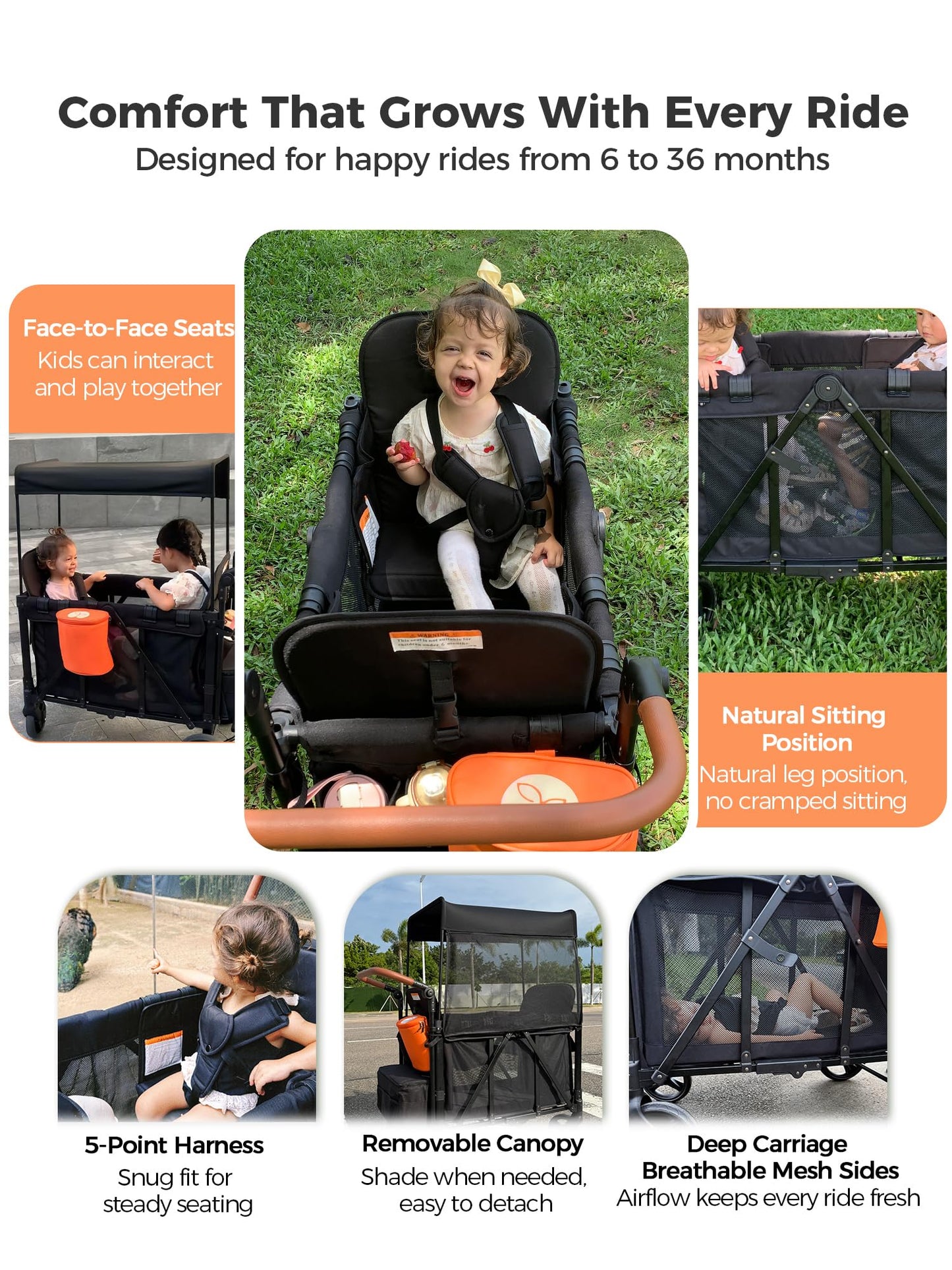 Stroller Wagon with Adjustable Handle Includes Canopy & Organizer, Foldable and Convenient for Storage (Black)