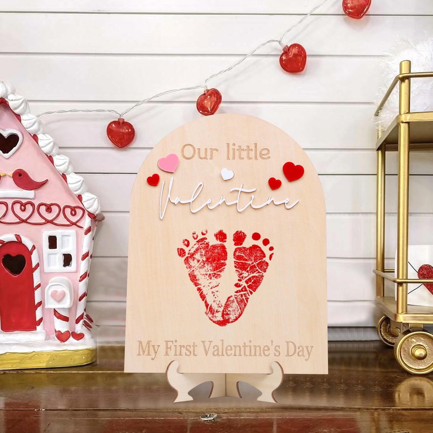My First Valentine Footprint Wood Board - Our Little Valentine Wood Sign Milestone, Baby Footprint Wood Craft, First Valentine K