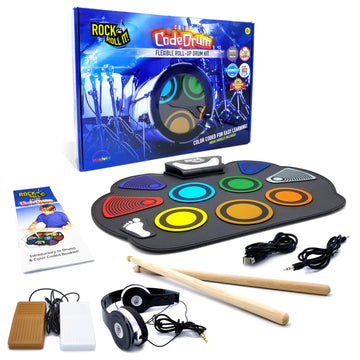 Mukikim Rock And Roll It - Codedrum. Roll Up Portable Drum Set For Kids & Adults. Electronic Silicone Rainbow Drum Pad | Headphones | Pedals | Drum Sticks | Play-By-Color Rhythm Booklet Included