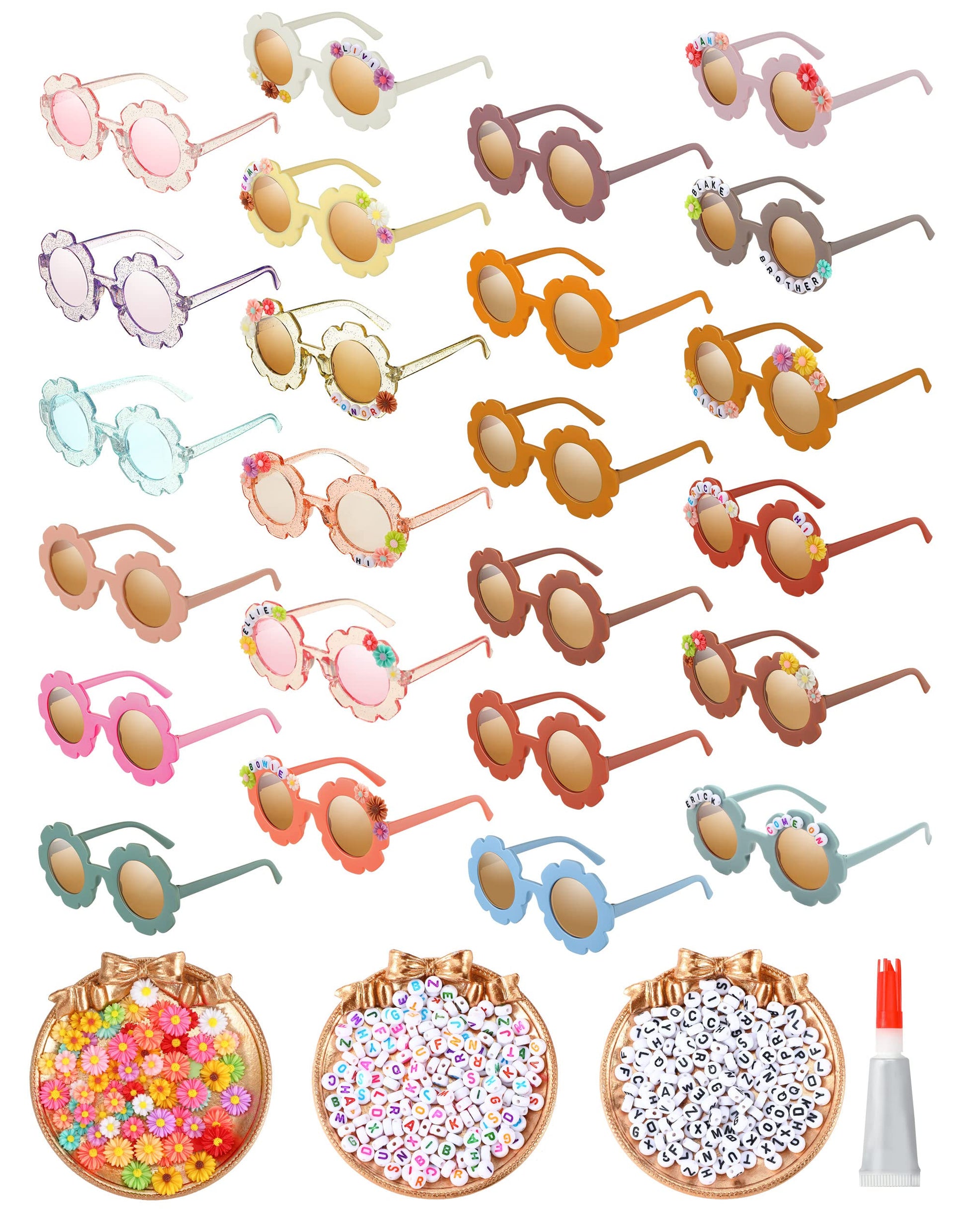 Cindeer 24 Pairs Flower Sunglasses Kids DIY Round Boho Flower Sunglasses Set Includes 100 Pcs Daisy Charm 416 Letter Beads and G