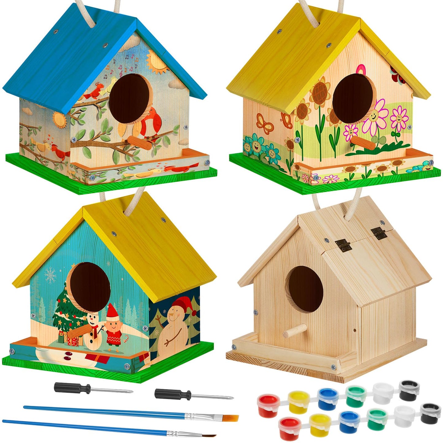 Liliful 24 Sets Wooden DIY Birdhouse Kit Unfinished Wooden Bird Houses with Paints and Paintbrushes Kids Camping Activities Bird
