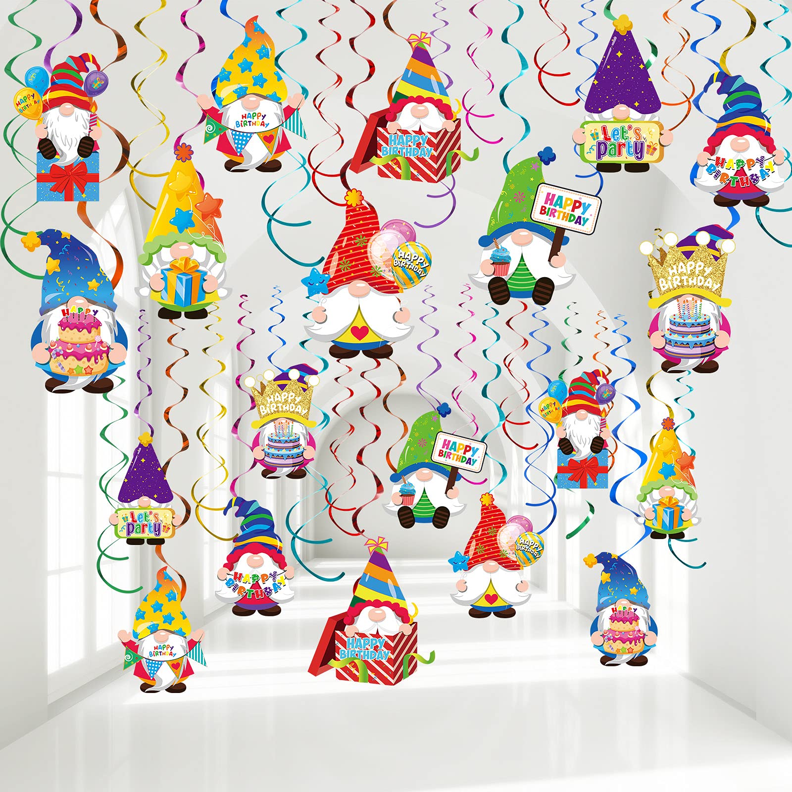 Nezyo 30 Pieces Gnome Birthday Party Decorations Happy Birthday Swirls Decorations Gnomes Hanging Swirls Ceiling Streamers for P
