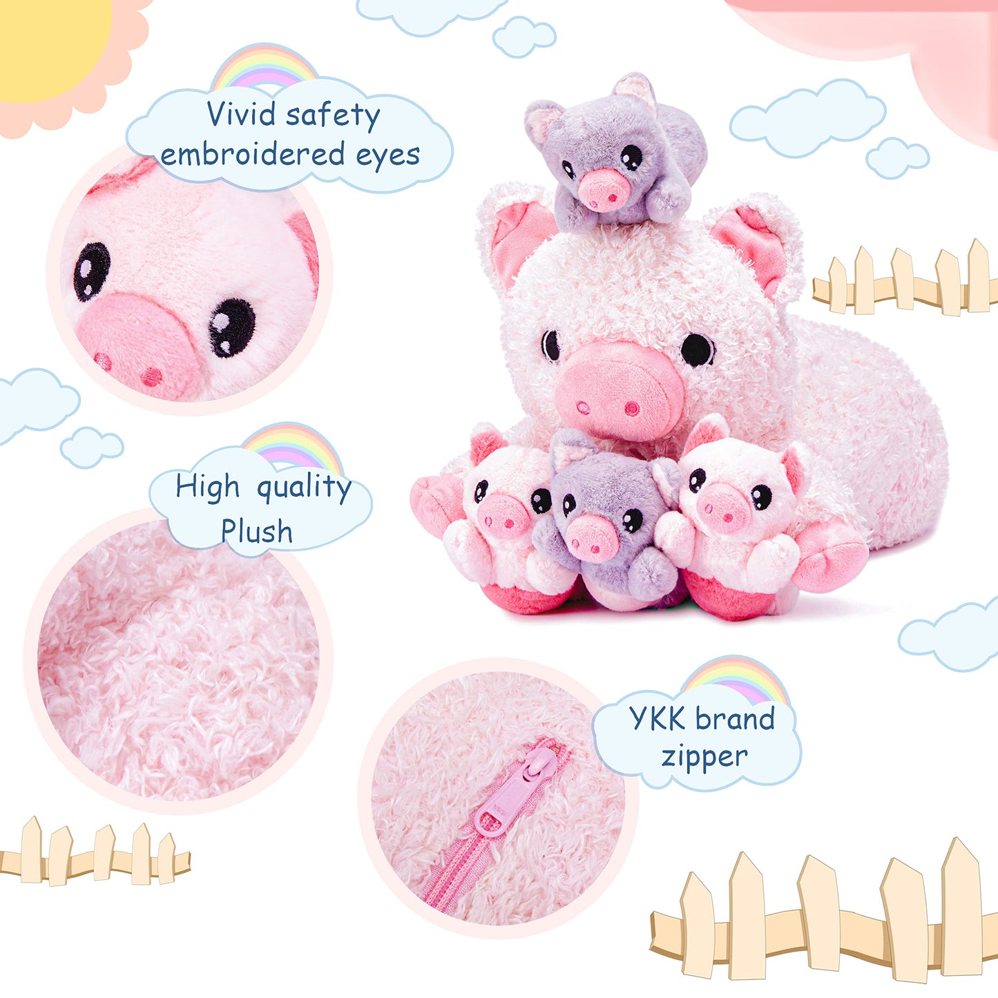 Ikasa Mommy Pig Stuffed Animal Mom And Baby Plush Toy,Cute 16' Soft Small Fluffy Mama Family Set Toys With Little Mini Babies,Gifts For Kid