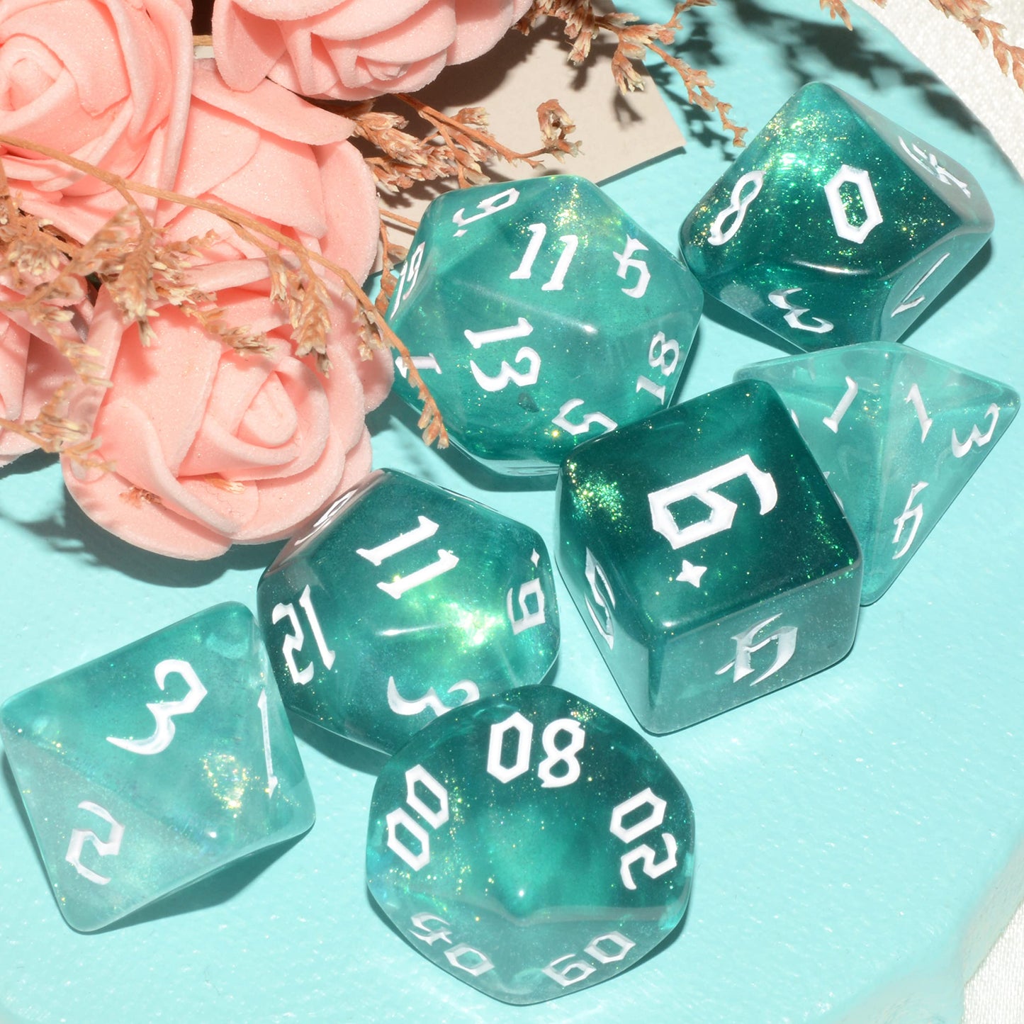 Dnd Dice 7Pieces, Glitter Sparkle Cosmic Green White Mixed Polyhedral Dnd Dice For Rpg Mtg Table Game Dice