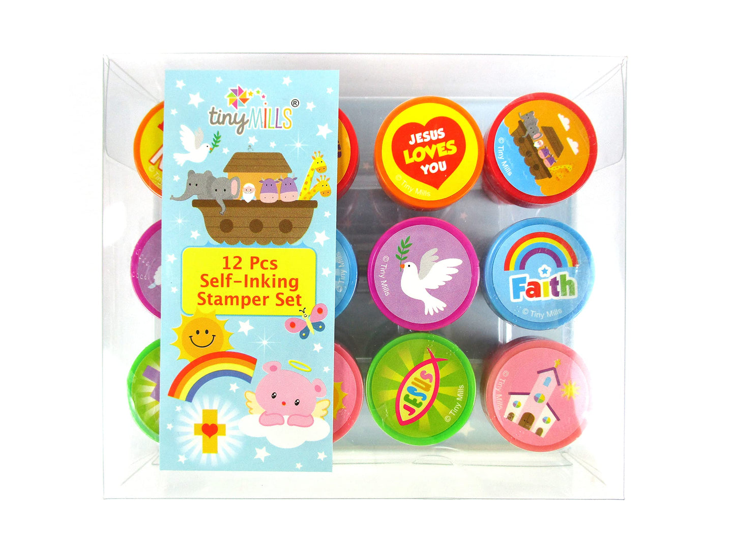TINYMILLS 12 Pcs Religious Stamp Kit - Self Inking Christian Stamps, 1.5 x 1 inches, Perfect for VBS and Sunday School Rewards