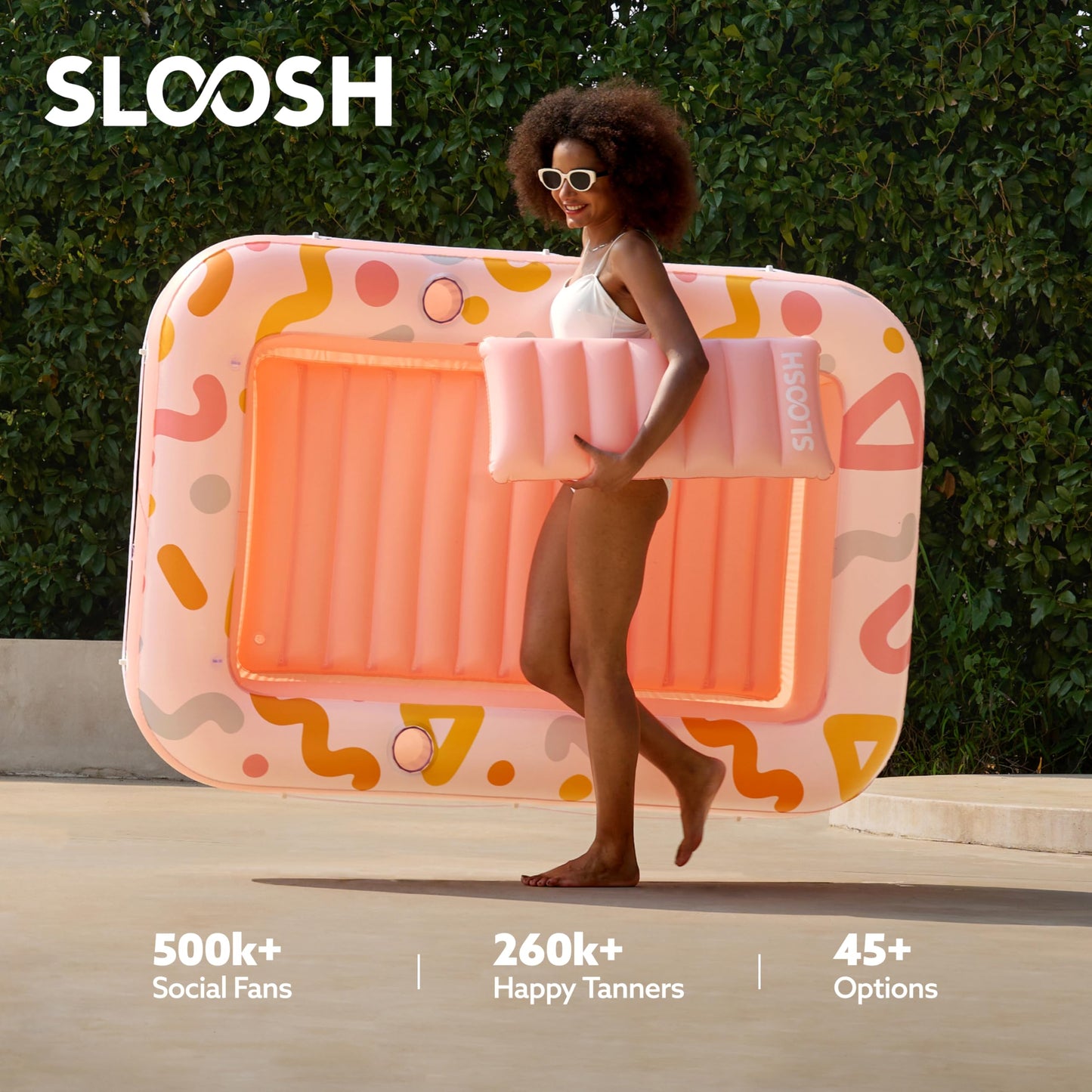 SLOOSH Inflatable Tanning Pool Lounger Float  70 x 46 Pool Floats mature-themed with Pillow  4 in 1 Suntan Tub Raft Floatie Sunbathing Bed Lounge for Water Blow Up Ball Pit Party Gifts  Pink Doodle