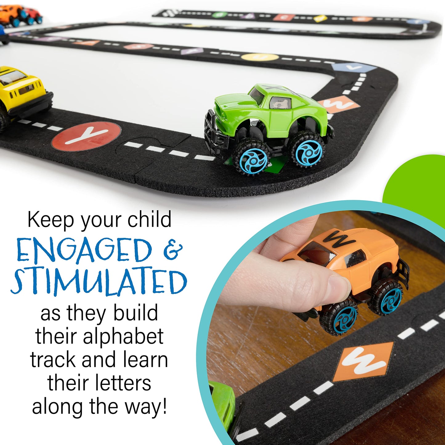 Skoolzy 36-Piece Alphabet Cars - Alphabet Learning Toys With Felt Track Set For Abc Recognition - Ideal Manipulatives For Preschoolers, 3 Year Old Boy Gift, And Toys For 2 Year Old Boys