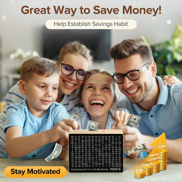 Larger 10000 Savings Challenge Box with 8 Targets$ 500-$10k Cash Vault Wooden Money Saving Box Caja De Ahorros Piggy Bank Reusab