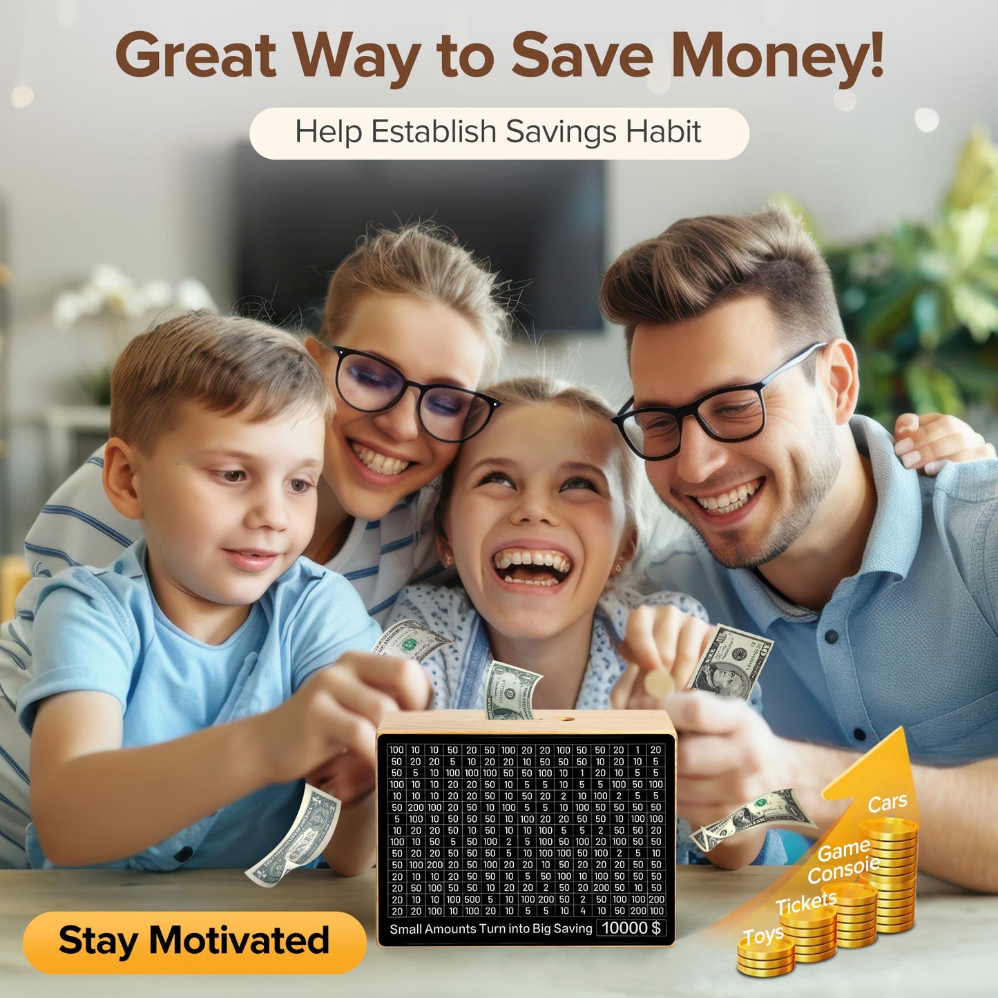Wooden Money Saving Box 10000 Savings Challenge Box With 8 Targets $500-$10K Cash Vault Wooden Savings Box Piggy Bank For Kids Reusable Coin Bank With Dry Erase Pen/Savings Trackers/Rubber Band-Black