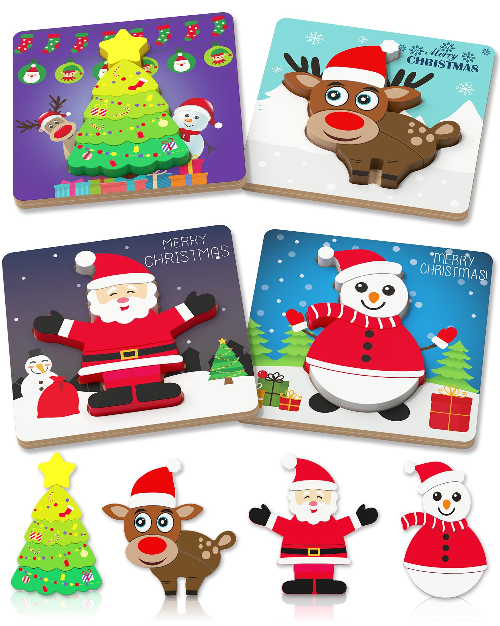 Benresive Christmas Wooden Toddler Puzzles Ages 1-3, Montessori Toys For 1 2 Year Old Boys Girls, 4 Pack Christmas Toddler Toys Birthday Gifts For 1 2 Year Old Boys Girls, Learning Educational Puzzles