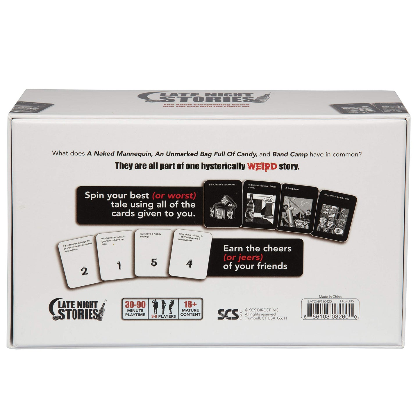 Late Night Stories mature-themed Party Game- Can You Weave a Story w/ The Cards Given to You? 250 Original Art Cards  3-8 Players  Tell Your Tale & Earn the Best (or Worst) Votes  Fun Colleges 18+  Xmas Gift