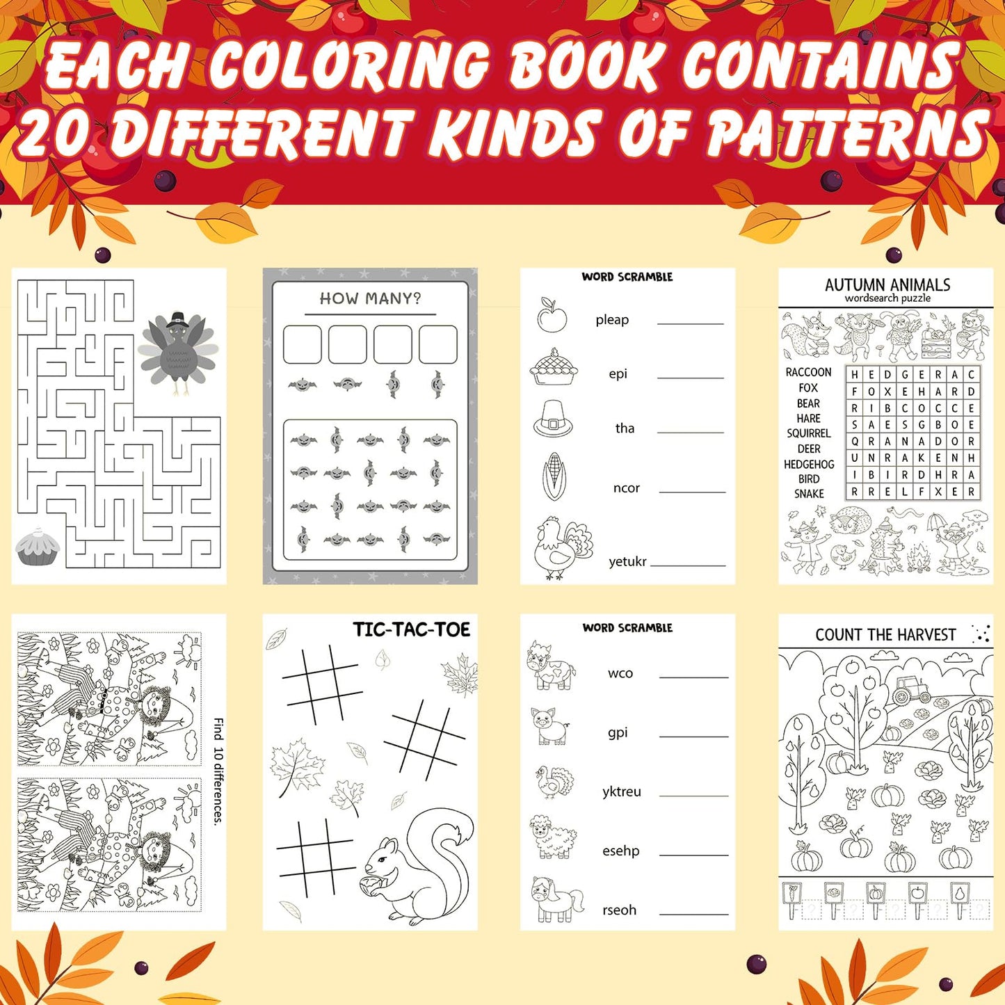 Maitys 60 Pcs Thanksgiving Activity Books Mini Challenging Activities Fun and Games Include Mazes, Word Search, Word Scramble, a