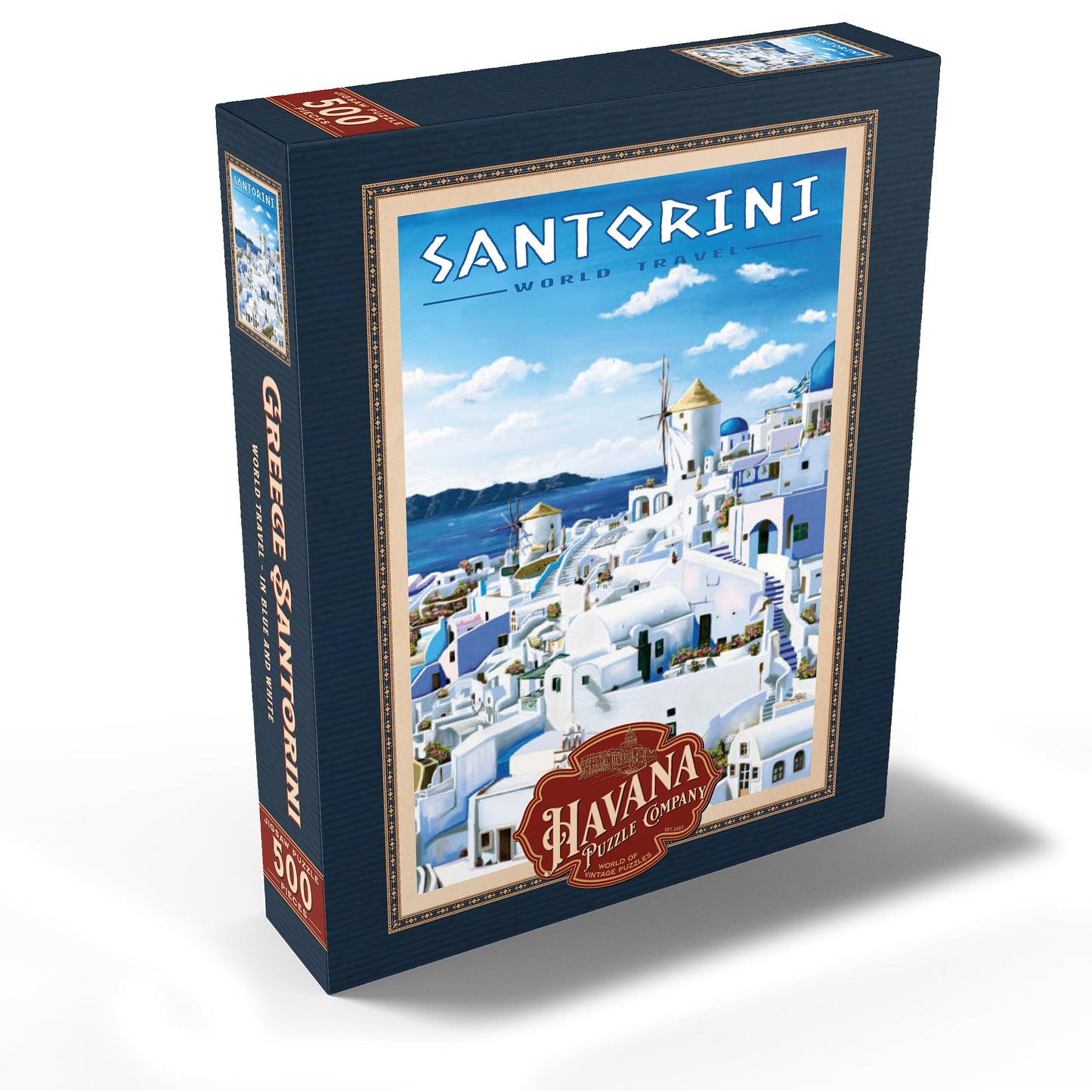 Mypuzzle Greece Santorini - In Blue And White, Vintage Travel Poster - Premium 500 Piece Jigsaw Puzzle For Adults
