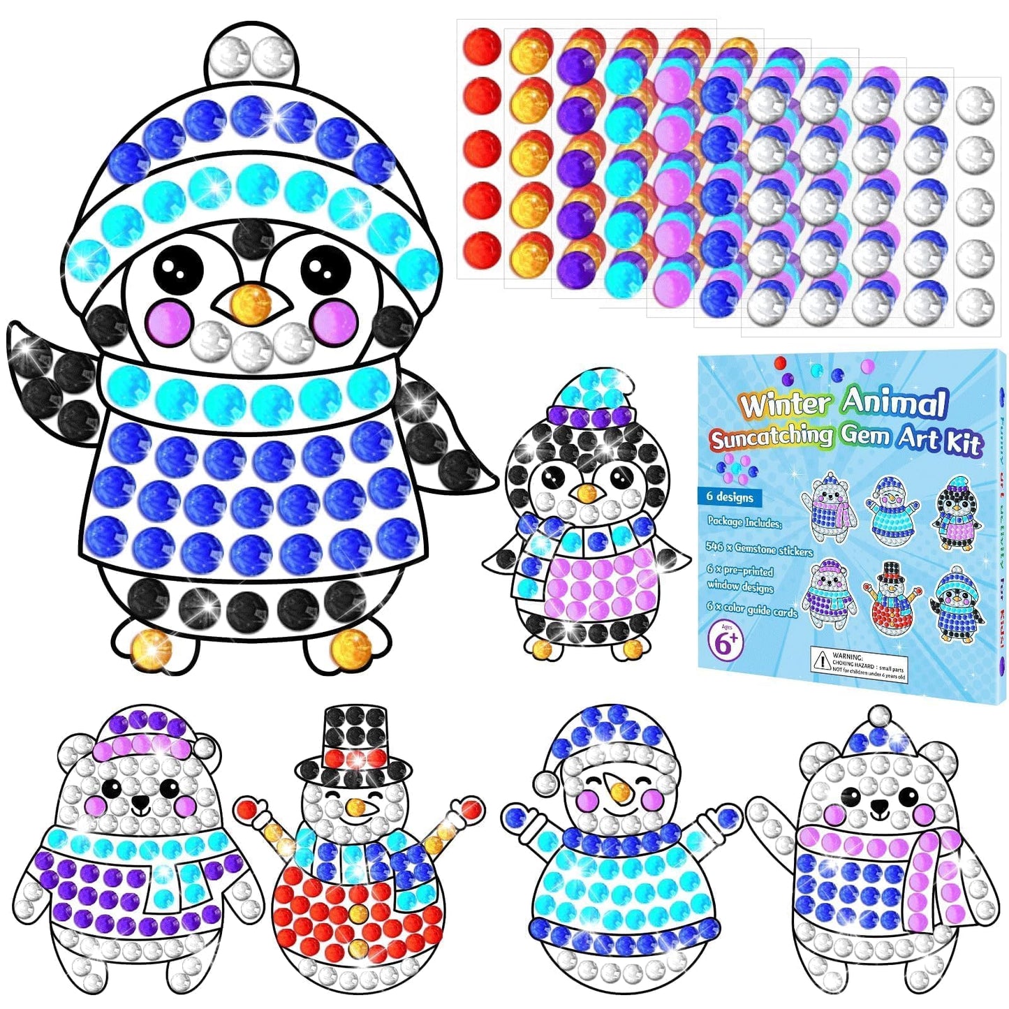 Qyeahkj 6 Pcs Winter Craft for Kids DIY Diamond Suncatcher Gem Christmas Animal Shape Arts and Crafts Suncatcher Kits Penguin Sn