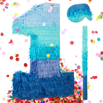 Number 1 2 3 4 5 6 7 8 9 Piñata With Stick Blindfold Confetti, Gradient Blue Piñata For Kids Birthday Party Large Blue Piñata For Boys Girls Birthday Anniversary Decoration Supplies(Number 1)