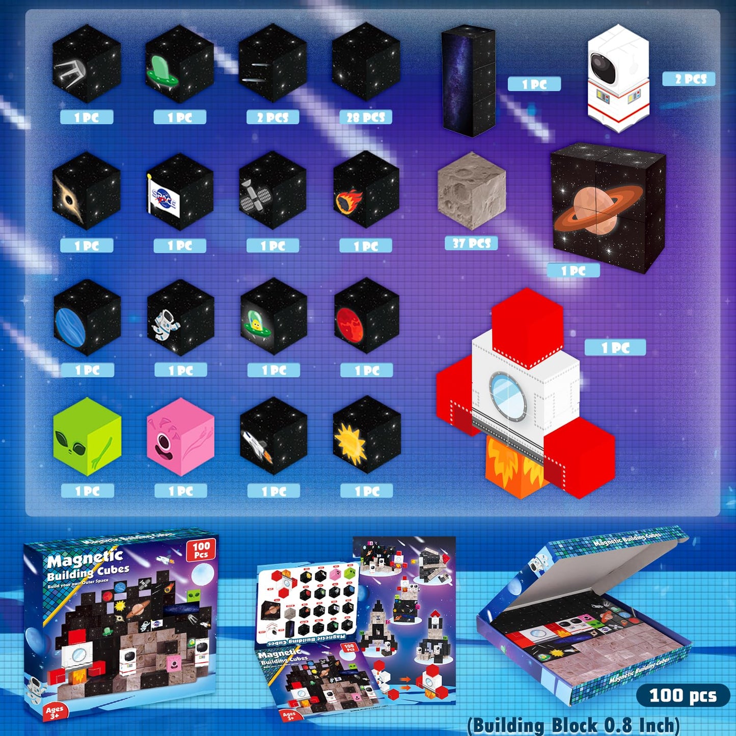 Goody King 100Pcs Space Rocket Magnetic Building Blocks |Space Adventure Magnetic Tile Set, Stem Montessori Stacking Toy, Building Playsets For Boys And Girls Ages 3-10,Sensory Tile Building Christmas