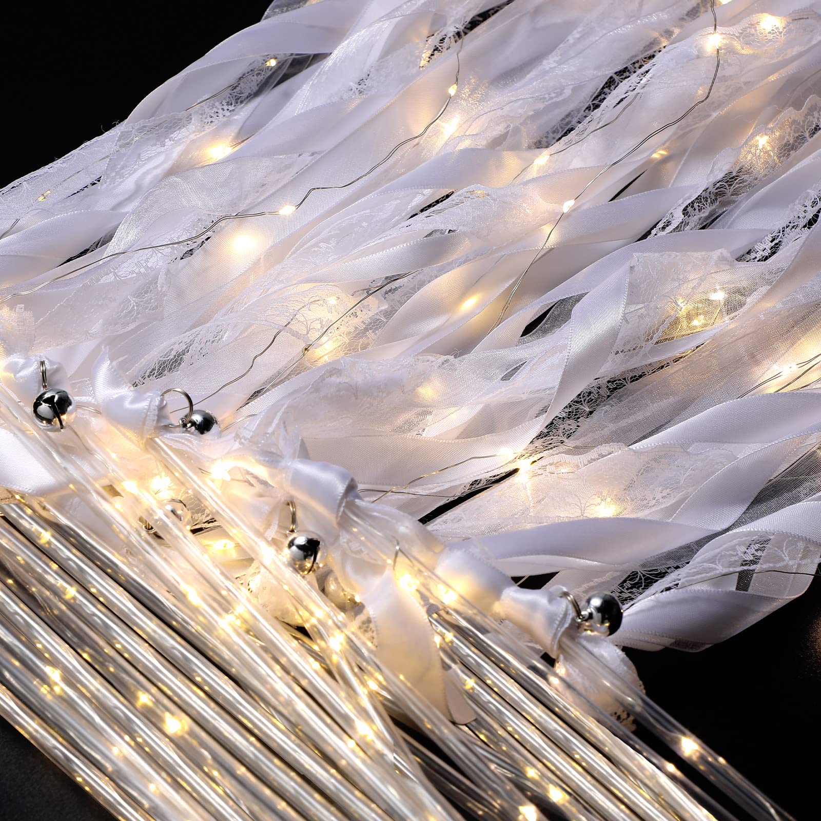 Unittype Wedding Wands Ribbon Streamers with Bells LED Fairy Light up Silk Fairy Wand Glow in The Dark Flashing Lace Stick for W