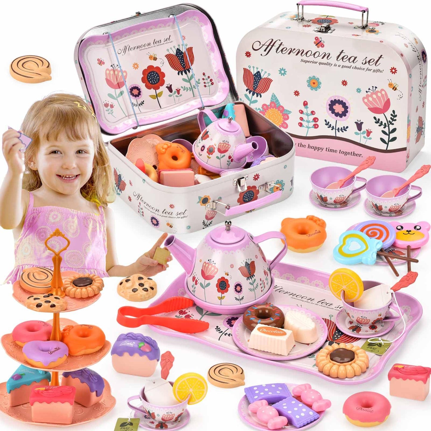 Lajeje 52-Piece Tea Party Set for Little Girls, Pretend Kitchen Toy for Kids 3 4 5 6 Year Old, Girls Toys with Tin Tea Set, Dess