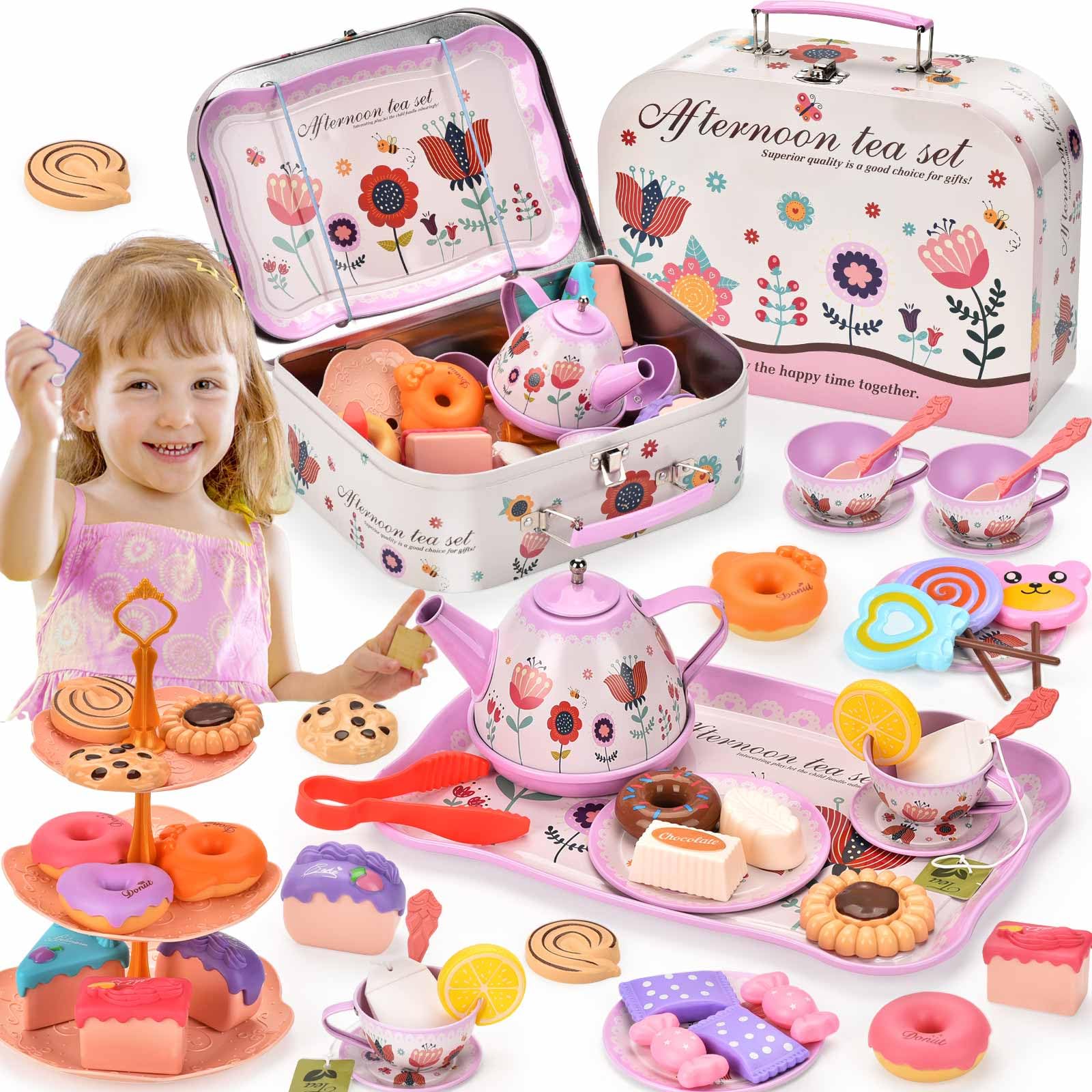 Lajeje 52-Piece Tea Party Set for Little Girls, Pretend Kitchen Toy for Kids 3 4 5 6 Year Old, Girls Toys with Tin Tea Set, Dess