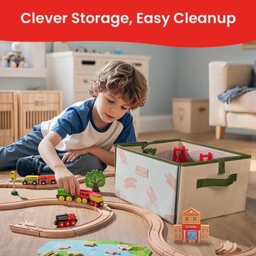 Tiny Land 110pcs Wooden Train Set with Folding Storage Box, Wooden Train Track Toy for Boys & Girls, Age 3-7, Includes Convenien