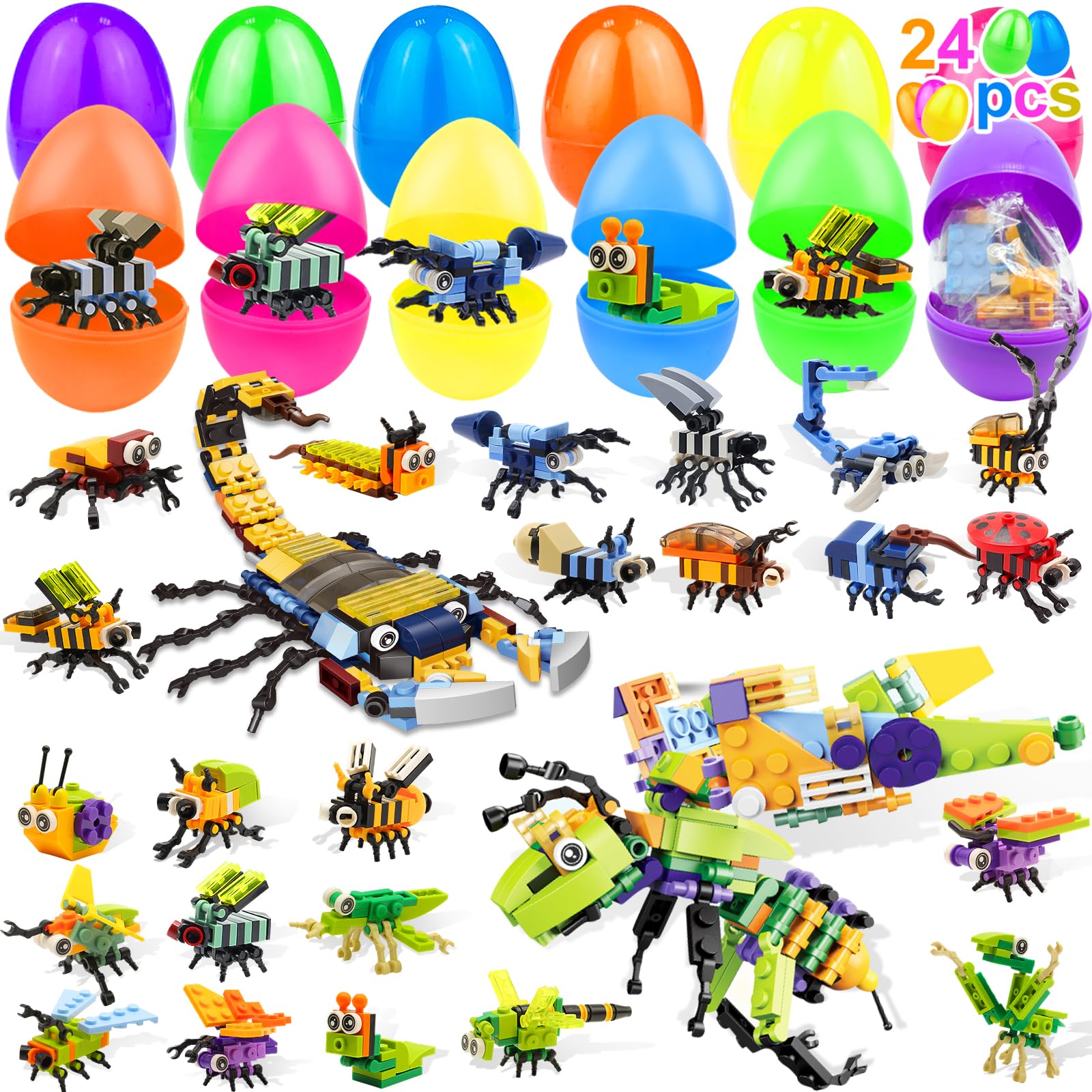 iGeeKid 24 Pack Prefilled Easter Eggs with Stem Building Toys for Boys Easter Basket Essential 12 in 1 Insect Themed Building Bl