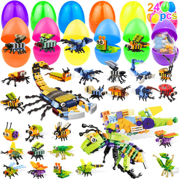 iGeeKid 24 Pack Prefilled Easter Eggs with Stem Building Toys for Boys Easter Basket Essential 12 in 1 Insect Themed Building Bl