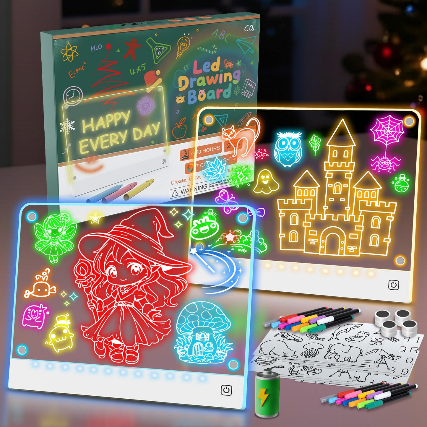 2pack Rechargeable LED Drawing Board for Kids with 7 Colors, Magnetic LED Note Lumi Board with 4 Magnets and Invisible Stand, Li