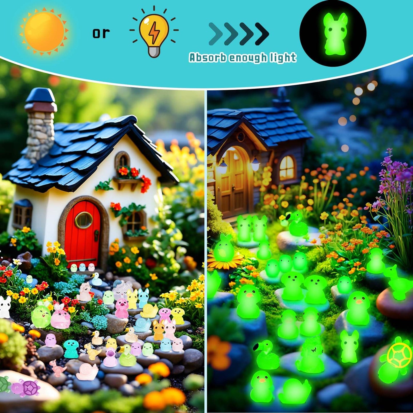 Haptime 113Pcs Luminous Mini Resin Animals Glass Animals Figures To Hide Trinkets Miniature Figurines Glow In Dark Mini Ducks Di