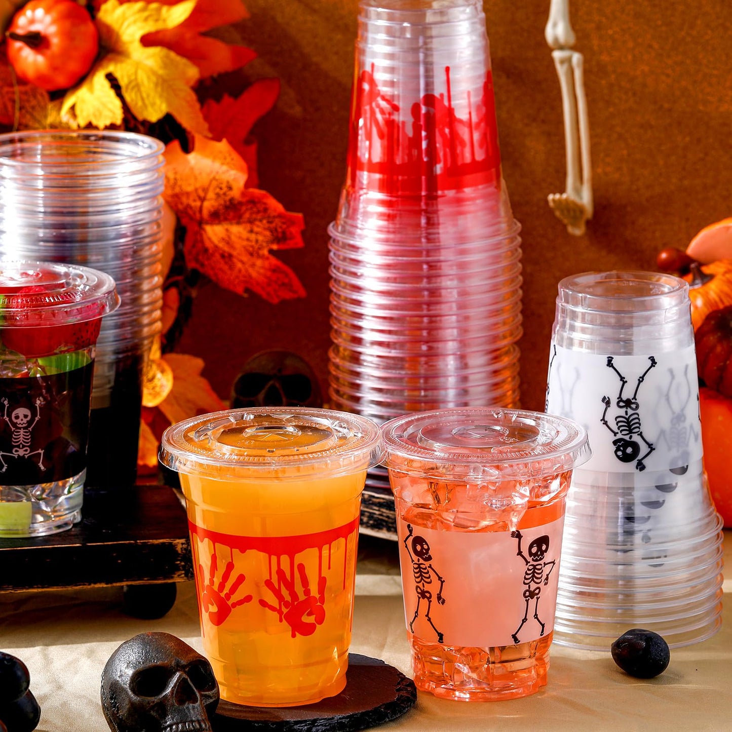 Sliner Halloween Party Plastic Cups 12 oz Halloween Disposable Cups Blood Splattered Skeleton Printed Design Halloween Cups for