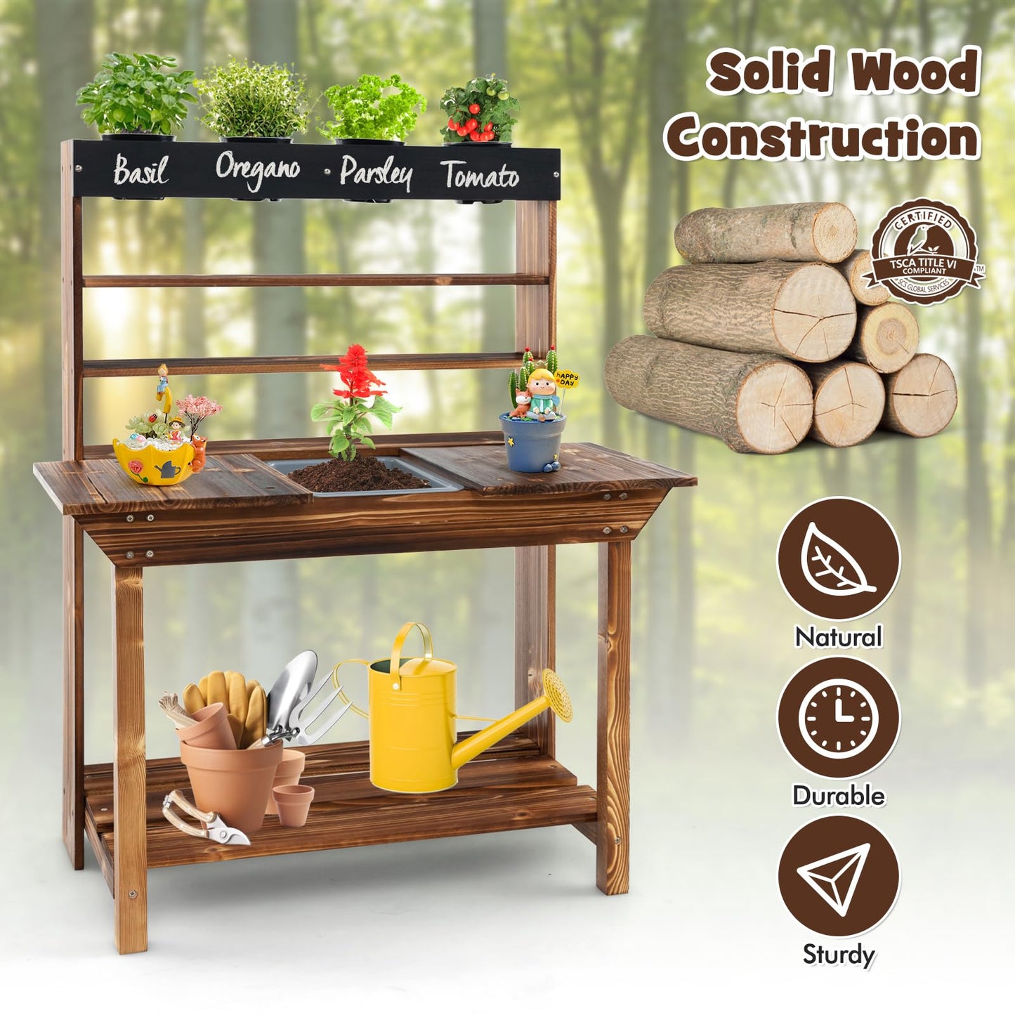 Costzon Kids Potting Bench, Wood Toy Gardening Center with 4 Pots, Chalkboard, Removable Sink, Storage Shelves, Mud Kitchen for