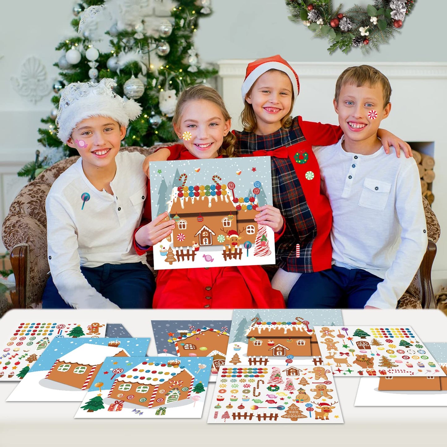 VABAMNA Christmas Party Favors for Kids - 48 Sheets Make a Gingerbread House DIY Craft Stickers Scenes for Xmas Tree Holiday Act