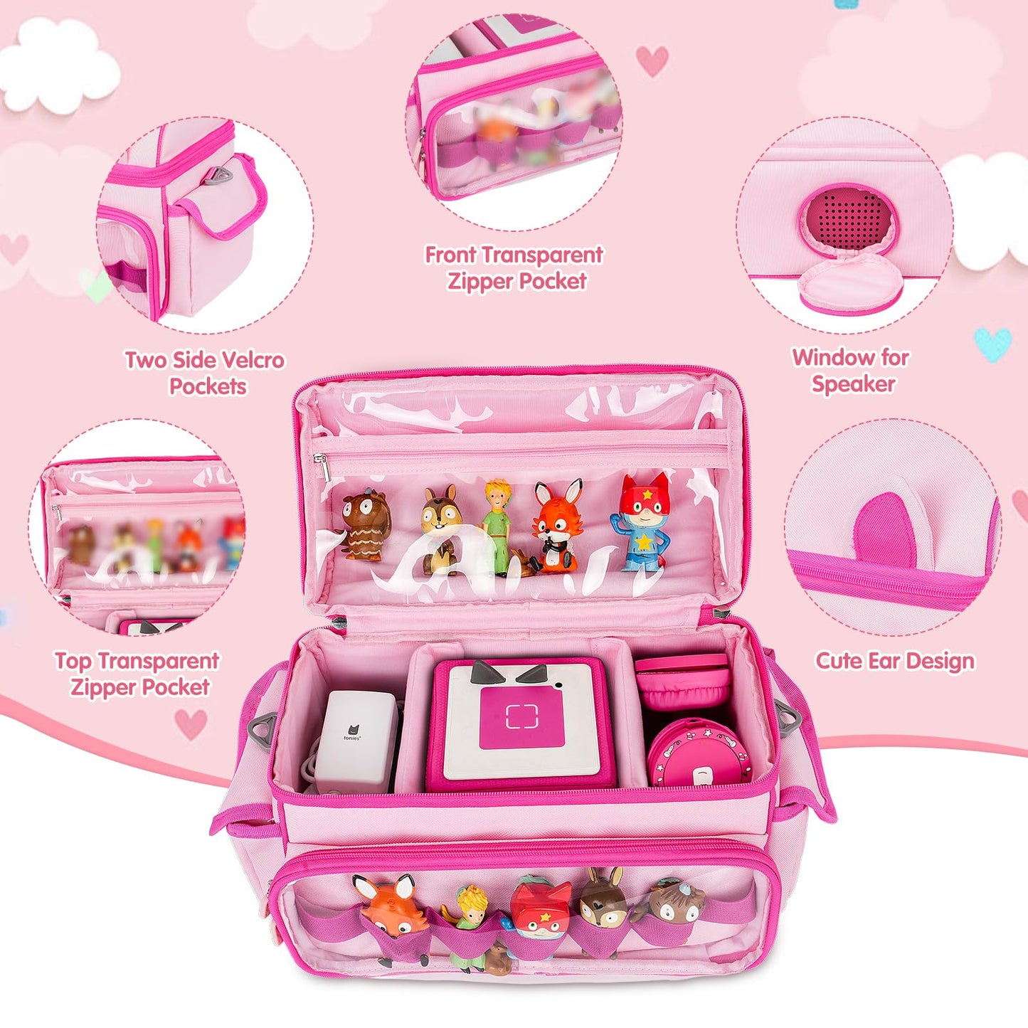 Jaffzora Carrying Case Compatible with Toniebox Starter Set Cute Storage Bag for Tonies Figures Characters Tonies Headphones & Accessories  Pink(Bag Only)