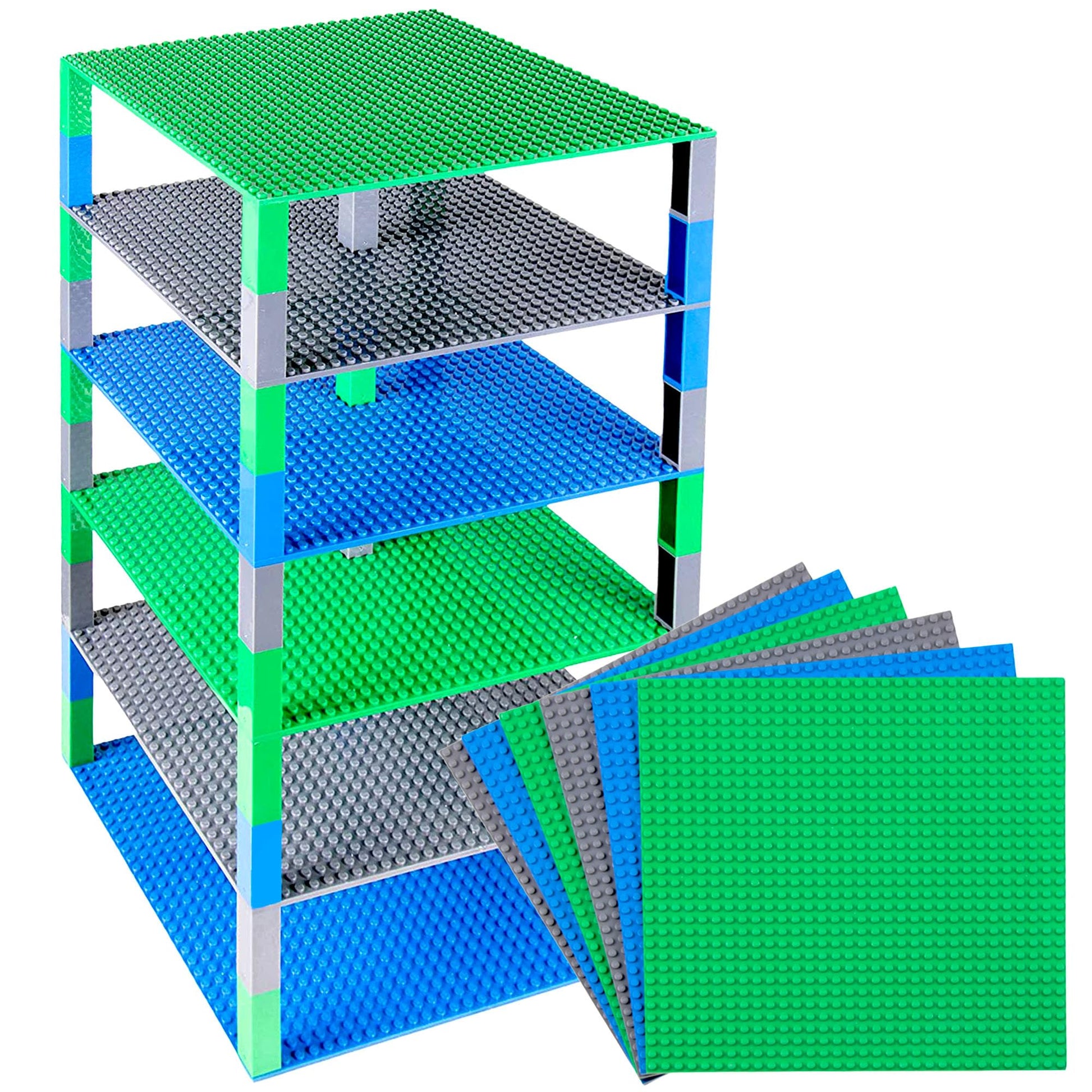 Strictly Briks Toy Building Block - Classic Baseplates 10 x 10 Brik Tower for Ages 3 Years and Up  6 Baseplates & 50 Stackers in Blue Green & Gray  56 Pc