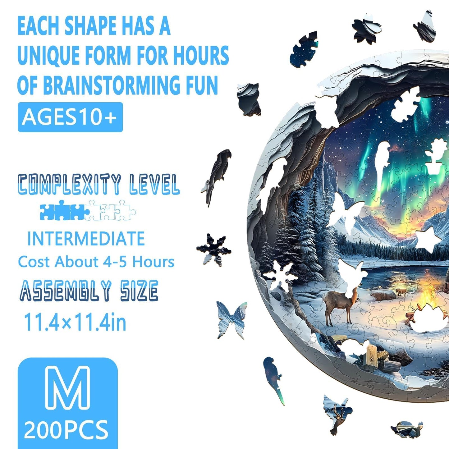 Wooden Puzzles for mature-themeds  Flat Puzzle with 3D Visual Effect  Aurora World Wooden Jigsaw Puzzles for mature-themeds 200 Pieces  Winter Wood Puzzles mature-themed  Unique Shape  Wall Art Canvas Puzzle (M-11.4*11.4in)